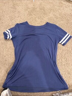 Women's Navy Short-Sleeve Athletic Tee with White Sleeve Stripes